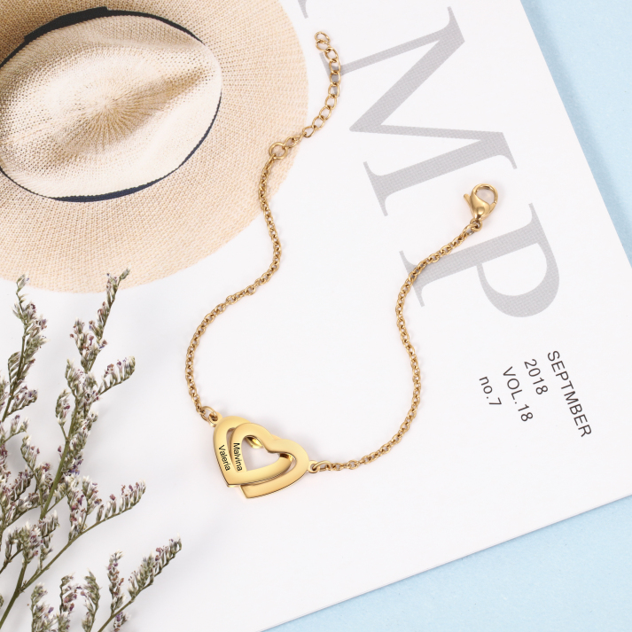 Kit Pulseira 2 Corações Personalizável com nomes + Porta jóias brinde